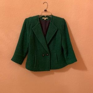 CAbi ivy green boiled wool blend short jacket with 3/4 sleeves.